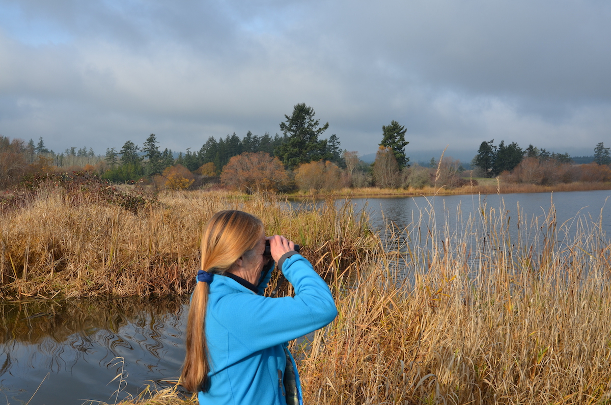 Debby Clausen at Zylstra Lake looking through binoculars